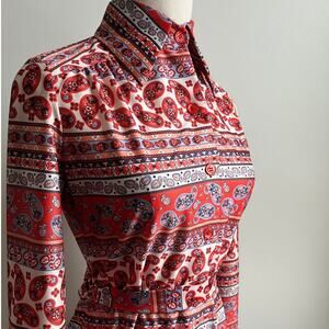 Vintage 70s Paisley Floral Dress | Wing Collar | Belted Button-Front | Size 8